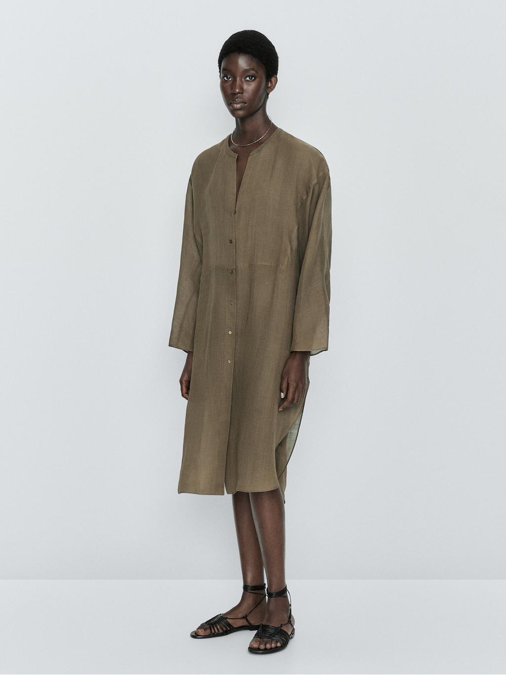 New Massimo Dutti 100% Ramie Long Button-Front Dress